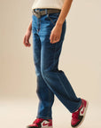 Straight Fit .Jeans With Side Pockets in Mid Blue