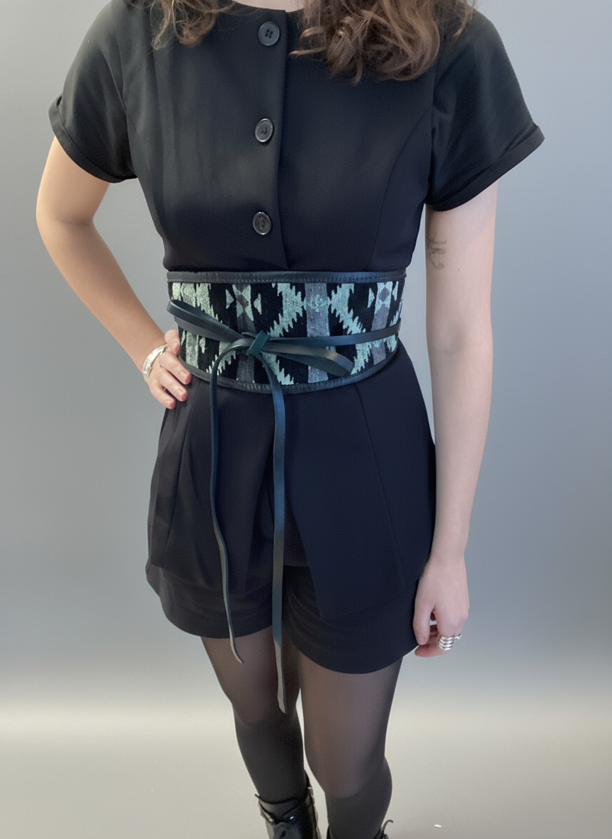 BELT KILIM Leather and fabric. Grey/Cream/Bottle/Black X2877F2906.