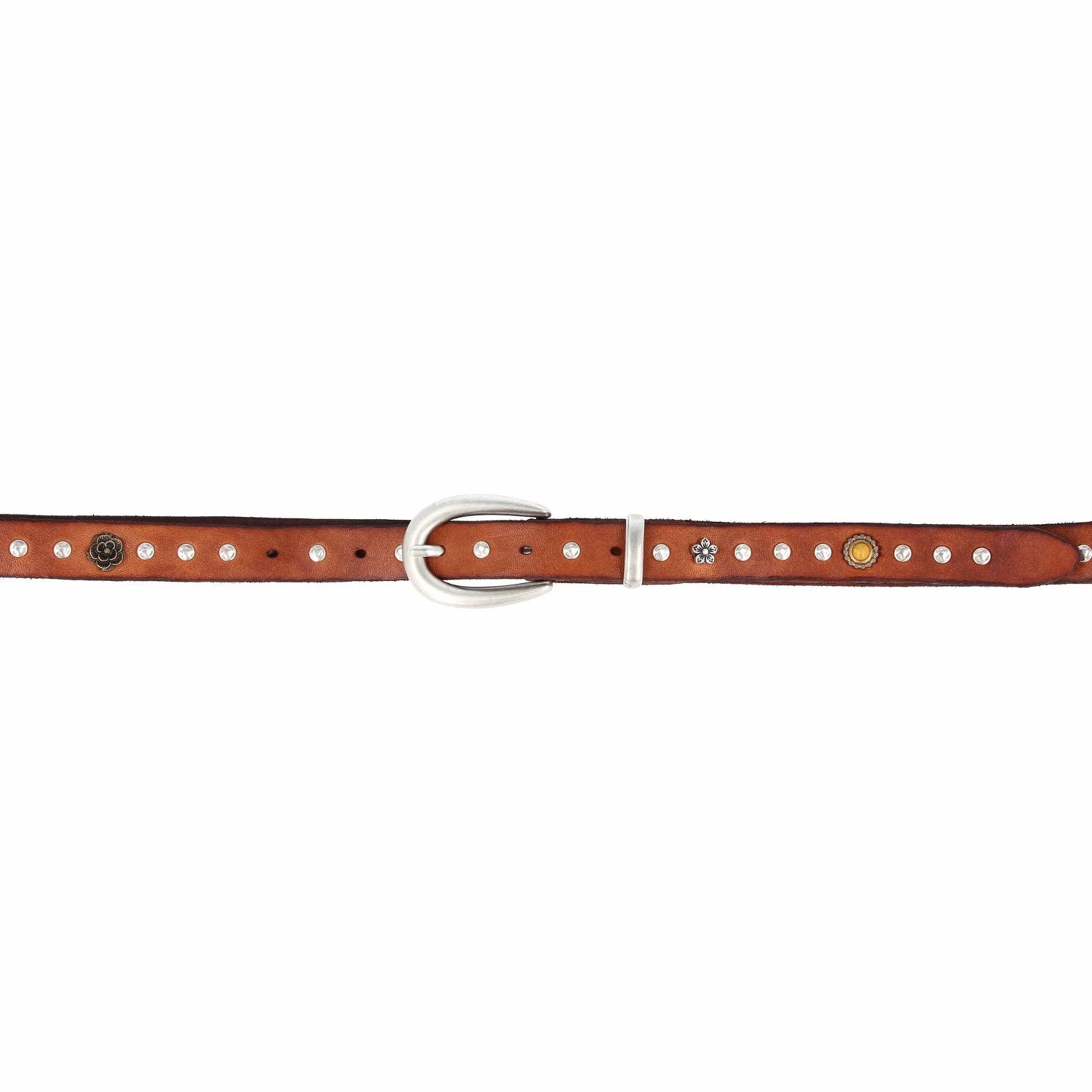 Thin Belt with Multi-Studs. Leather. Cognac